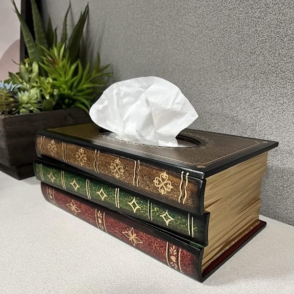 Decor Crafted Classical Retro Wooden Antique Book Tissue Box Cover Rectangular Tissue Holder Dispenser Paper Cover Case Napkin Holder Home Decor for Bathroom Living Room Office car Kitchen