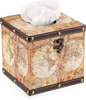 Decor Retro Wood Square Tissue Box Cover - Vintage Cube Tissue Box Holder, Decorative Facial Tissue Holder for Bedroom Bathroom Dresser Night Stand Table Car Store Office Home Decor, Yellow