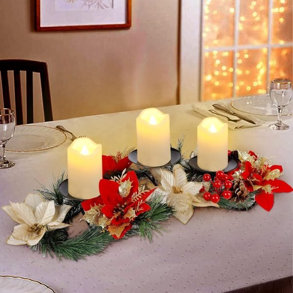 81Kf8PACyYL._AC_SL1500 Decor Christmas Centerpiece, Christmas Candle Holders, Christmas Tabletop Poinsettia Centerpiece with 3 Flameless Candle, Romantic Holiday Candelabrum for Home Party Christmas Table Mantel Decorations