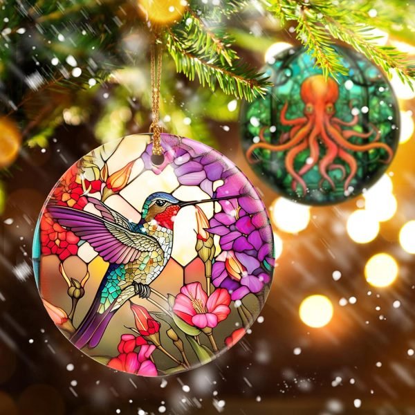 Decor Christmas Ornament, Christmas Decoration, Holiday Present Idea, Heirloom Keepsake, Round Ceramic, Gift Exchange, Gift Idea, Hummingbird