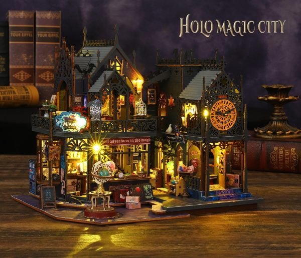 Decor DIY Miniature Dollhouse Kit Magic Castle,Tiny House to Build Live in,Mini Handmade Unzip 3D Wooden Puzzle Furnishing Decor Model(ES012-Holo Magic City)