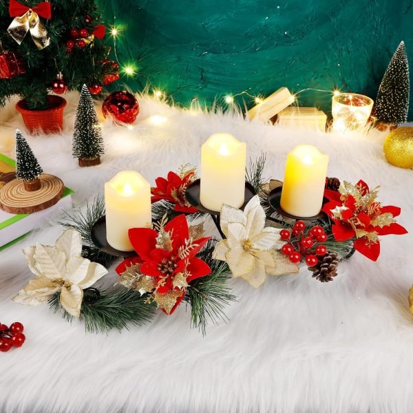 81NeuSyPqkL._AC_SL1500 Decor Christmas Centerpiece, Christmas Candle Holders, Christmas Tabletop Poinsettia Centerpiece with 3 Flameless Candle, Romantic Holiday Candelabrum for Home Party Christmas Table Mantel Decorations