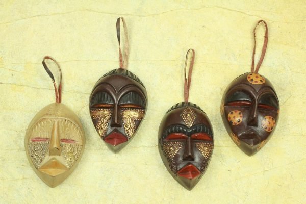 Decor Decorative Christmas Wood Hanging Holiday Ornaments, Assorted 'Celebration Masks' (Set of 4)