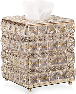 Decor Crystal Square Tissue Box Cover - Sparkling Cube Glass Tissue Box Holder, Decorative Facial Tissue Holder for Bedroom Bathroom Dresser Night Stand Table Office Home Decor, Gold