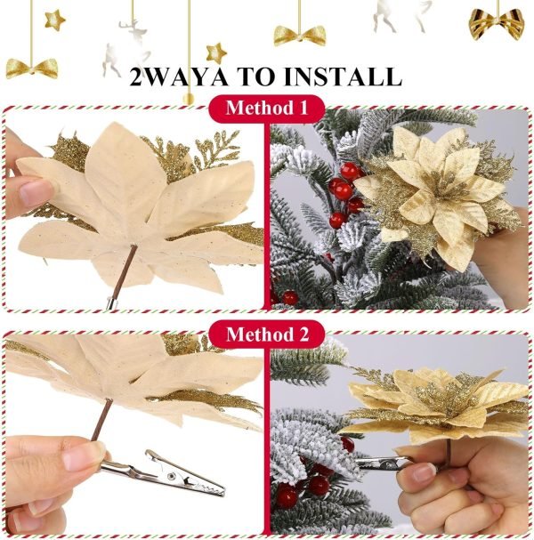 Decor 24Pcs Christmas Glitter Poinsettia Flowers, Artificial Christmas Flower with Clips Glitter Christmas Tree Ornaments for Wedding Party Holiday Wreath Table Decoration