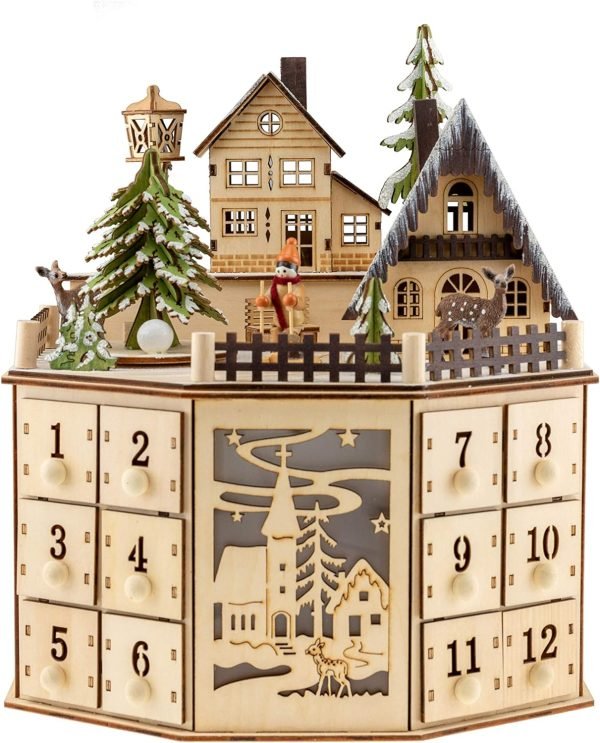 Decor Wooden Christmas Advent Calendar, Countdown to Christmas, LED Holiday Decoration, Battery Operated, Reindeer Village