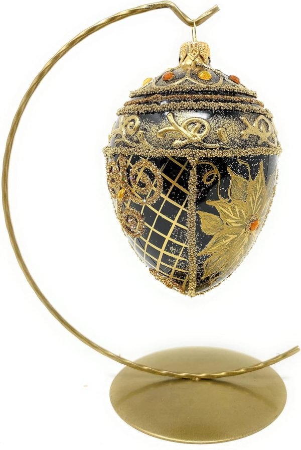Decor Faberg?? Egg 5-Inch Blown Glass Christmas Tree Ornament Holiday Poinsettia (Onyx Black)