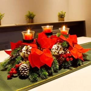 Decor Christmas Centerpiece, Christmas Candle Holders, Christmas Tabletop Poinsettia Centerpiece with 3 Candle Holders, Romantic Holiday Candelabrum for Home Party Christmas Table Mantel Decorations