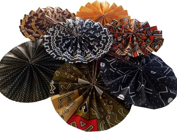 Decor Handmade African Fan-Round Folding Handheld Fan for Costume, Dance, Party, Festival, Summer, Home Decor - Traditional Ankara Fabric Fan with Colorful Ethnic Print, Leather Handle (Design 11)