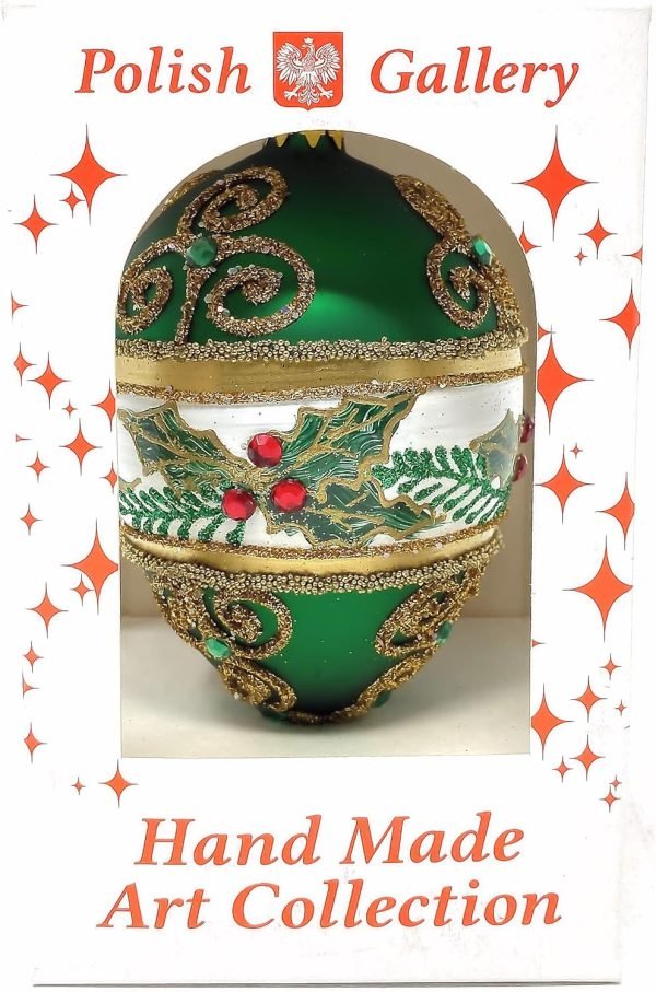 Decor Faberg?? Egg 5-Inch Blown Glass Christmas Tree Ornament Mistletoe Leaves (Green Matte)