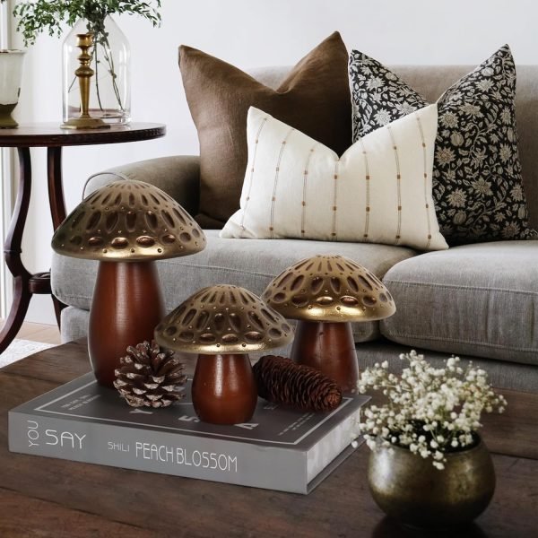 Decor Mushroom Statues, Coffee Table Decor, Mushroom Ornaments, Set of 3, Mushroom Decorations, Gold Wooden Mushrooms, Mushroom Decor Aesthetic, Mushroom Figurines