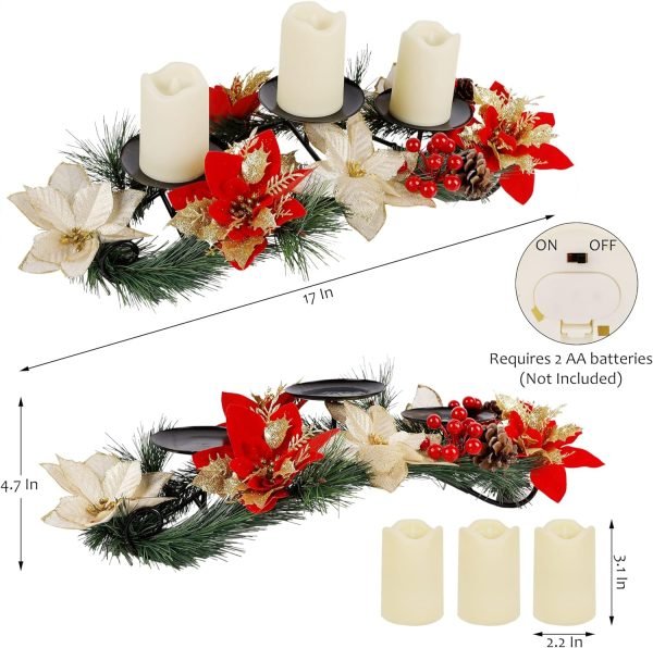 81dZzNGqf8L._AC_SL1500 Decor Christmas Centerpiece, Christmas Candle Holders, Christmas Tabletop Poinsettia Centerpiece with 3 Flameless Candle, Romantic Holiday Candelabrum for Home Party Christmas Table Mantel Decorations