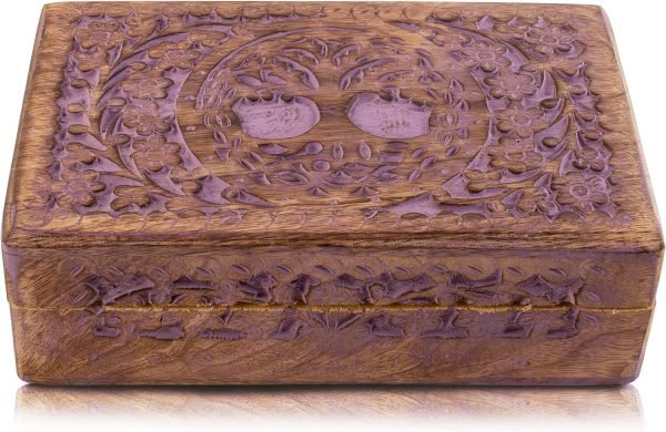 Decor Great Birthday Gifts Handmade Decorative Wooden Jewelry Box Tree Of Life Carving Jewelry Organizer Keepsake Box Treasure Chest Trinket Holder Watch Box Storage Lock Box Housewarming Gift (Blue)