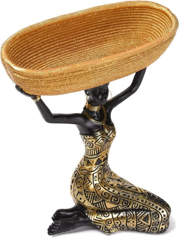 Decor Resin Traditional Ethnic Dress Black Woman Tray Statue for Candy Jewelry Ring Fruit, Living Room Dining Table Bedroom Ornament Decoration TQGJBS337