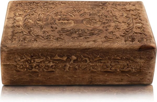 Decor Great Birthday Gifts Handmade Decorative Wooden Jewelry Box Tree Of Life Carving Jewelry Organizer Keepsake Box Treasure Chest Trinket Holder Watch Box Storage Lock Box Housewarming Gift (Blue)