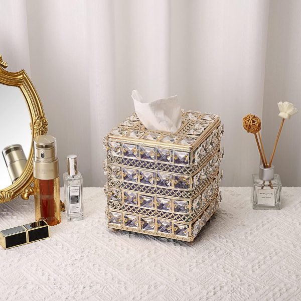 81g9MvtSDzL._AC_SL1500 Decor Crystal Square Tissue Box Cover - Sparkling Cube Glass Tissue Box Holder, Decorative Facial Tissue Holder for Bedroom Bathroom Dresser Night Stand Table Office Home Decor, Gold