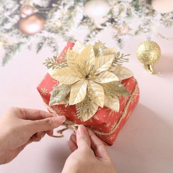 Decor 24Pcs Christmas Glitter Poinsettia Flowers, Artificial Christmas Flower with Clips Glitter Christmas Tree Ornaments for Wedding Party Holiday Wreath Table Decoration
