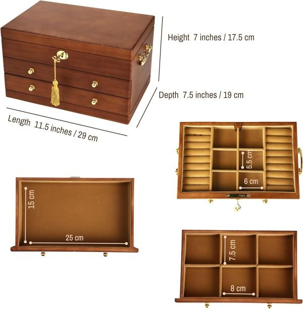 Decor Wooden Jewelry Box with Lock and Key for Women, 2 Drawers Medium Size Real Natural Wood Lockable Antique Girls Organizer Boxes with Large Storage, Ring Compartments, Built in Necklace Hooks