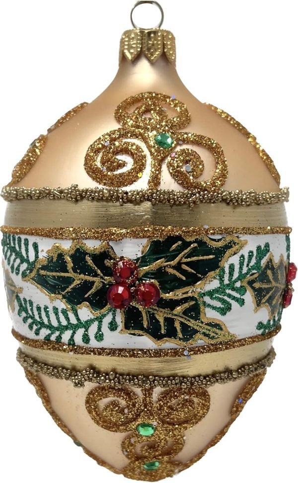 Decor Faberg?? Egg 5-Inch Blown Glass Christmas Tree Ornament Mistletoe Leaves (Green Matte)