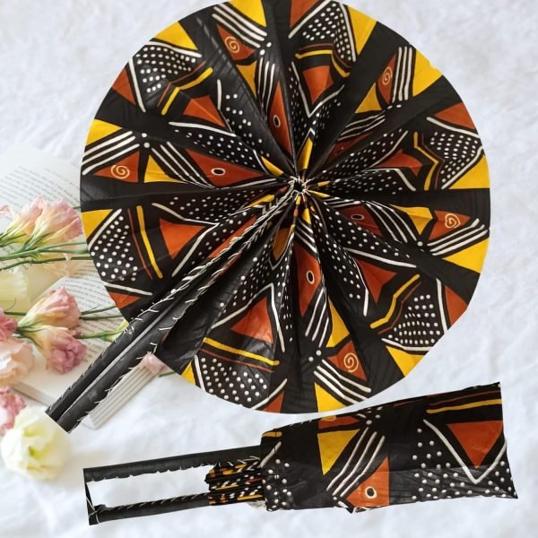 Decor Handmade African Fan-Round Folding Handheld Fan for Costume, Dance, Party, Festival, Summer, Home Decor - Traditional Ankara Fabric Fan with Colorful Ethnic Print, Leather Handle (Design 11)