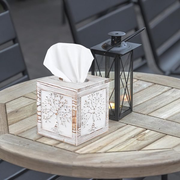 Decor Wood Carved Tissue Box Cover Square Tissue Holder Whitewashed Tree of Life Design Rustic Vintage Home Decor for Bathrooom Bedroom Living Room