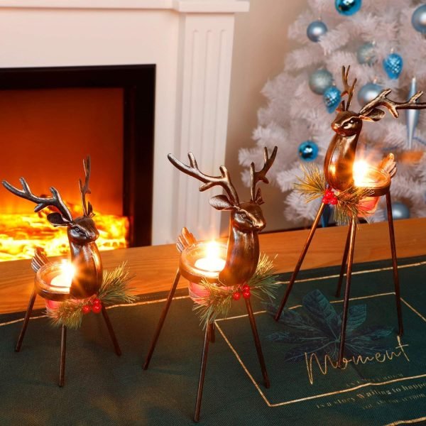 Decor Set of 3 Reindeer Tealight Candle Holders, Standing Iron Metal Christmas Decorations, Glass Votive Candle Holder, Durable and Rust-Proof Holiday Tabletop Centerpiece and Display