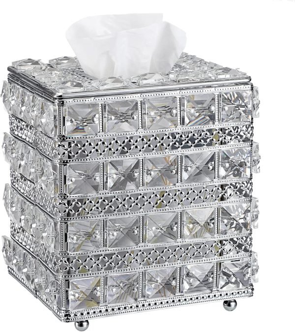 81pKO43NkuL._AC_SL1500 Decor Crystal Square Tissue Box Cover - Sparkling Cube Glass Tissue Box Holder, Decorative Facial Tissue Holder for Bedroom Bathroom Dresser Night Stand Table Office Home Decor, Gold