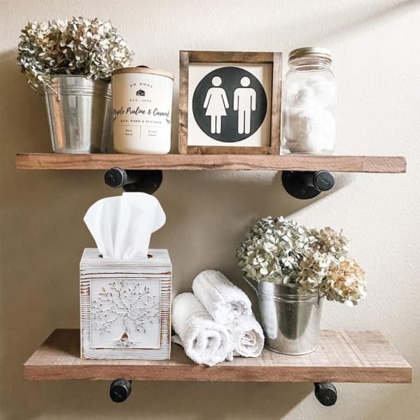 Decor Wood Carved Tissue Box Cover Square Tissue Holder Whitewashed Tree of Life Design Rustic Vintage Home Decor for Bathrooom Bedroom Living Room
