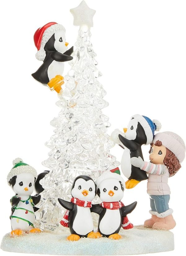 Decor Precious Moments Light Up Figurine | Tree-mendous Fun Girl with Penguins | LED Lighted Resin/Acrylic Tabletop Christmas Tree Figurine | Holiday Decor & Gift | Hand-Painted