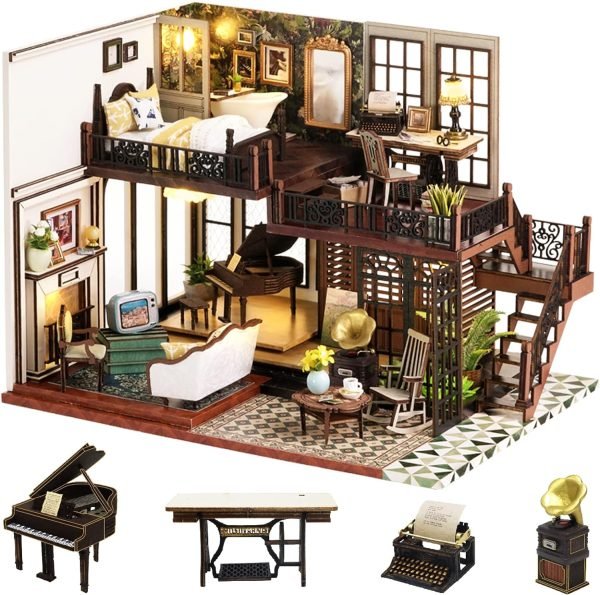 Decor DIY Miniature Dollhouse Wooden Furniture Kit,Handmade Mini Modern Villa Model,1:24 Scale Creative Doll House Toys ES009