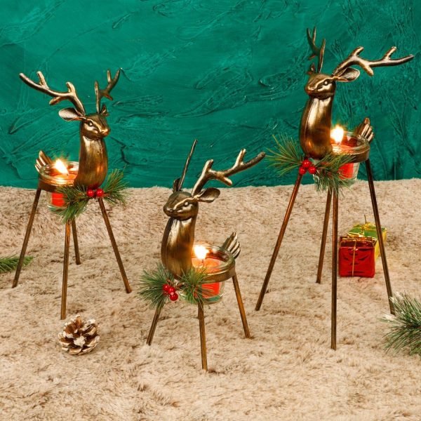 Decor Set of 3 Reindeer Tealight Candle Holders, Standing Iron Metal Christmas Decorations, Glass Votive Candle Holder, Durable and Rust-Proof Holiday Tabletop Centerpiece and Display
