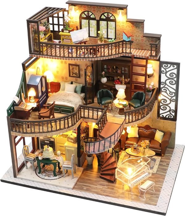 Decor DIY Miniature Dollhouse Wooden Furniture Kit,Handmade Mini Modern Villa Model,1:24 Scale Creative Doll House Toys ES009