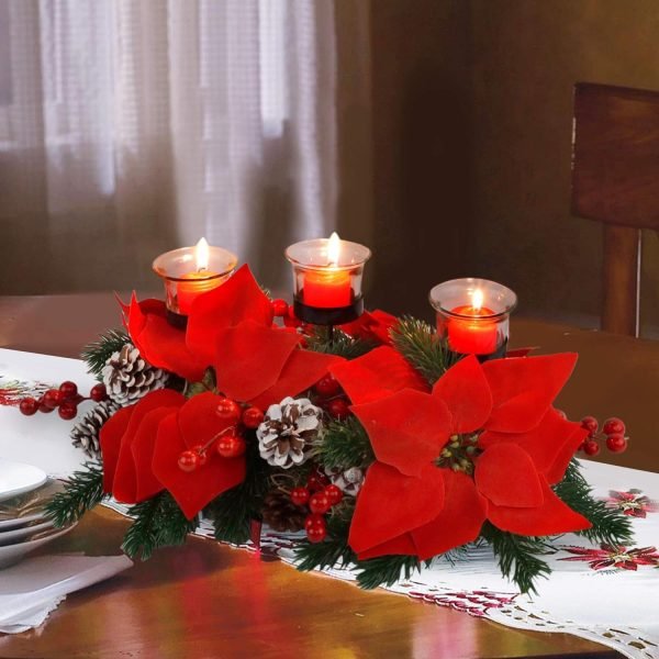 Decor Christmas Centerpiece, Christmas Candle Holders, Christmas Tabletop Poinsettia Centerpiece with 3 Candle Holders, Romantic Holiday Candelabrum for Home Party Christmas Table Mantel Decorations
