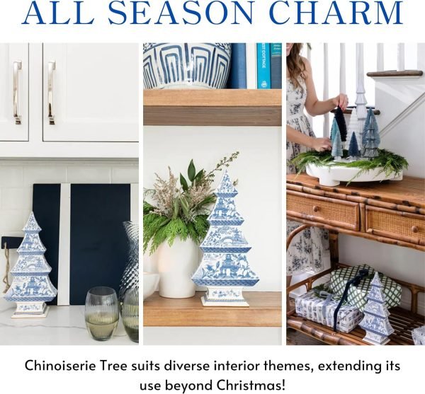 Decor Blue and White Christmas Tree Figurine ?C Dolomite Holiday Decoration with Gold Metallic Accents