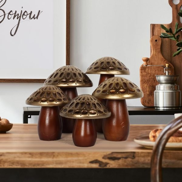 Decor Mushroom Statues, Coffee Table Decor, Mushroom Ornaments, Set of 3, Mushroom Decorations, Gold Wooden Mushrooms, Mushroom Decor Aesthetic, Mushroom Figurines