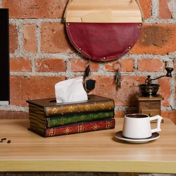 Decor Crafted Classical Retro Wooden Antique Book Tissue Box Cover Rectangular Tissue Holder Dispenser Paper Cover Case Napkin Holder Home Decor for Bathroom Living Room Office car Kitchen