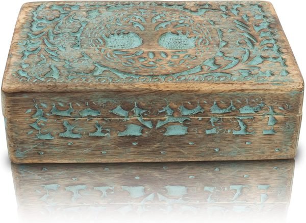 Decor Great Birthday Gifts Handmade Decorative Wooden Jewelry Box Tree Of Life Carving Jewelry Organizer Keepsake Box Treasure Chest Trinket Holder Watch Box Storage Lock Box Housewarming Gift (Blue)