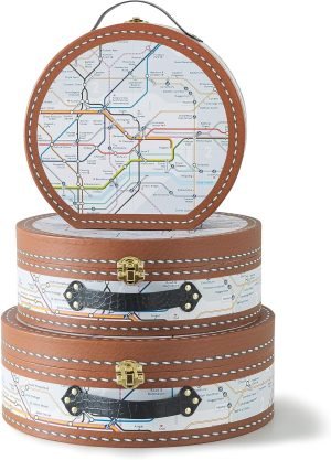 Decor Round-Edged Cardboard Decorative Storage Boxes with Lids: Set of 3 Metro Route Themed Gifts, Mini Vintage Suitcases, Transit Map Decorated Boxes, Scrapbook Storage Boxes, Prop Storage Boxes