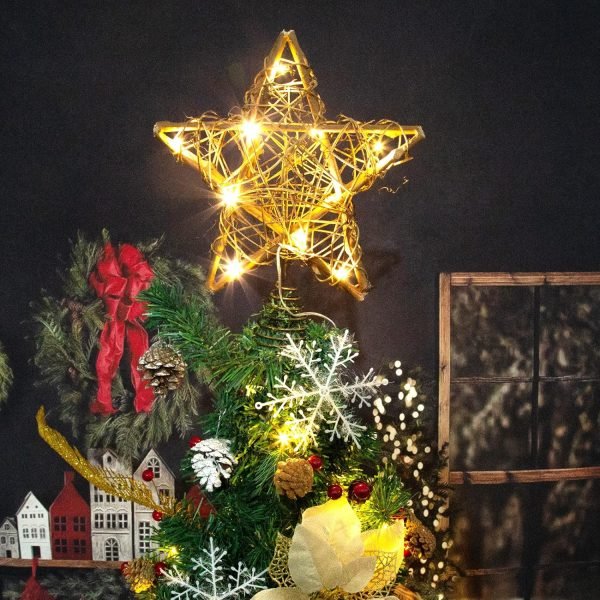 Decor Christmas Tree Topper Farmhouse Christmas Decor Christmas Tree Decorations Rattan Natural Christmas Tree Star with 10 Warm LED Lights for Rustic Christmas Ornaments Holiday Seasonal Decoration 10 Inch