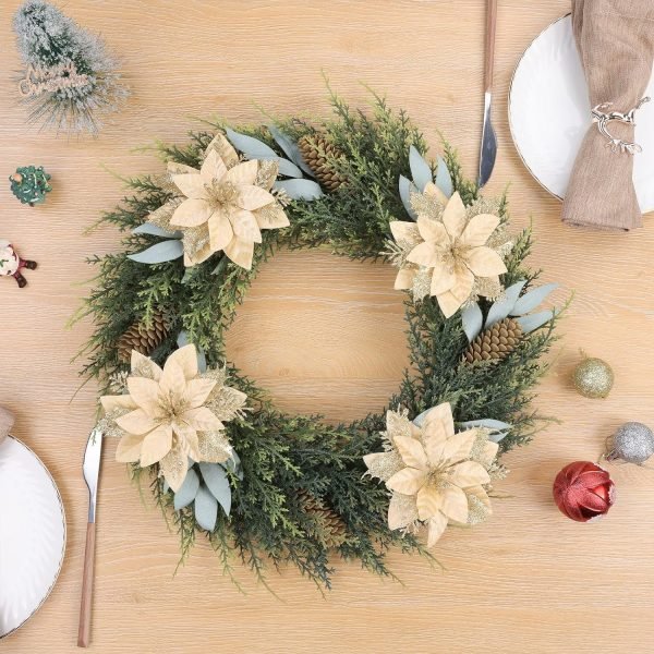 Decor 24Pcs Christmas Glitter Poinsettia Flowers, Artificial Christmas Flower with Clips Glitter Christmas Tree Ornaments for Wedding Party Holiday Wreath Table Decoration