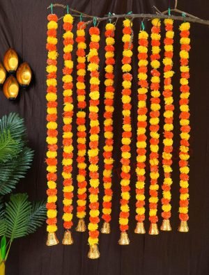 91Gvxs_csxL._AC_SL1500 Decor Artificial Marigold Flowers Garland with Golden Bells | Set of 10 | Orange, Yellow | 4.5 Feet | Bandhanwar Flower Garland String for Home, Party | Door Hanging Diwali Decorations for Home