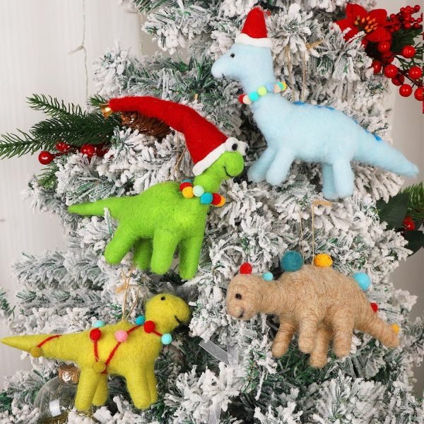Decor Christmas Felt Dinosaurs Ornaments Set of 4, Xmas Wool Dinosaur Hanging Decor, Felt Animal Crafts Woodland Cute Christmas Tree Wreath Decor for Home Dinosaur Themed Birthday Party Supplies