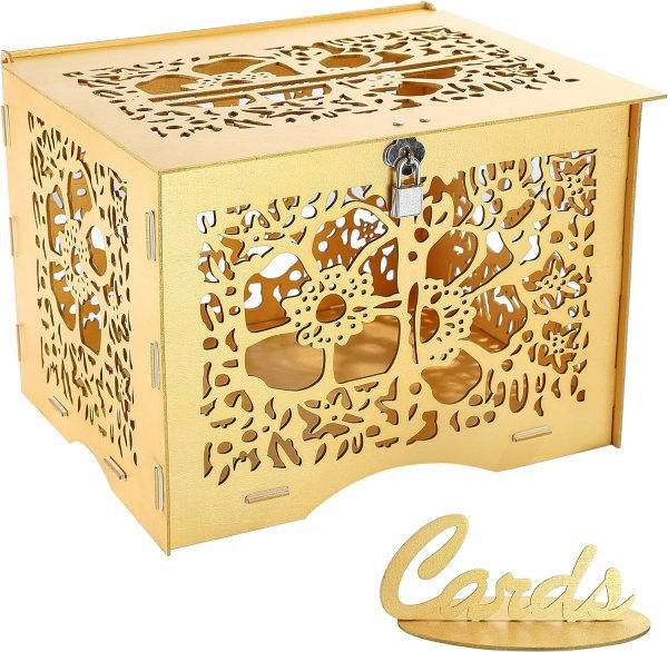 Decor Wedding Money Box Holder with Sign, Large Rustic Wood Wooden Envelop Gift Card Boxes with Lock Slot for Reception Anniversary Party Parties White