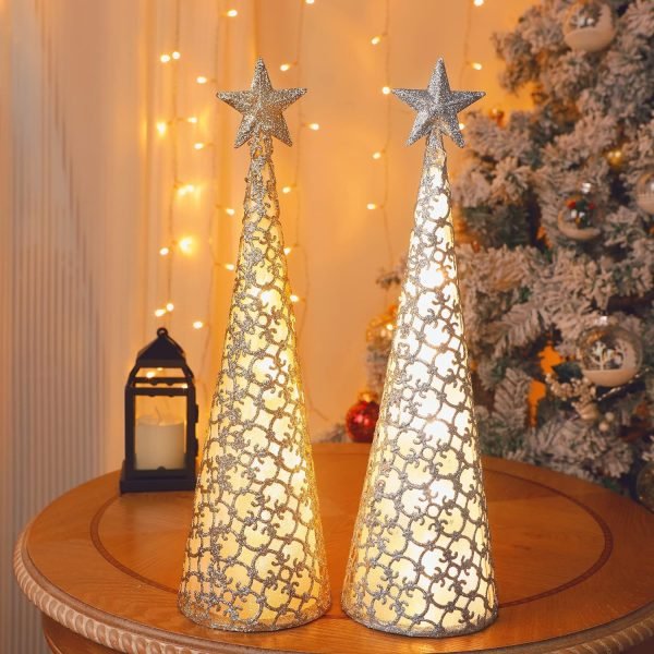 91X-8I3SyFL._AC_SL1500 Decor Lighted Christmas Table Decorations with Star and 10 LED Lights Battery Operated, Indoor Xmas Thanksgiving Holiday Wedding Party Tabletop Desk Ornament, Set of 2 (Gold, Silver)