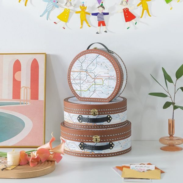 Decor Round-Edged Cardboard Decorative Storage Boxes with Lids: Set of 3 Metro Route Themed Gifts, Mini Vintage Suitcases, Transit Map Decorated Boxes, Scrapbook Storage Boxes, Prop Storage Boxes