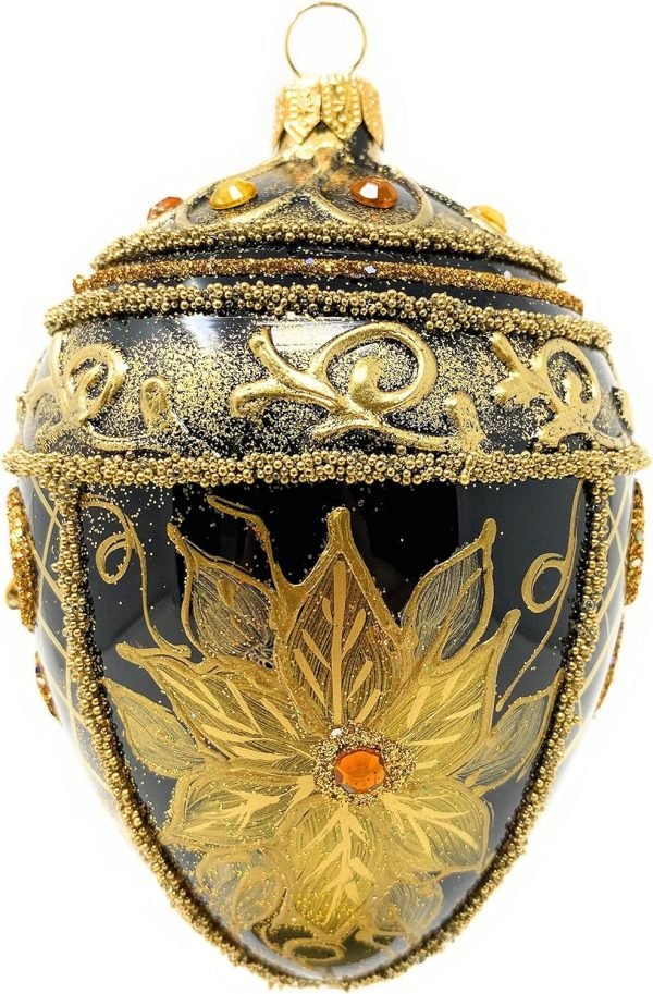 Decor Faberg?? Egg 5-Inch Blown Glass Christmas Tree Ornament Holiday Poinsettia (Onyx Black)