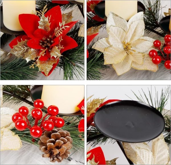 91kapBJCi5L._AC_SL1500 Decor Christmas Centerpiece, Christmas Candle Holders, Christmas Tabletop Poinsettia Centerpiece with 3 Flameless Candle, Romantic Holiday Candelabrum for Home Party Christmas Table Mantel Decorations