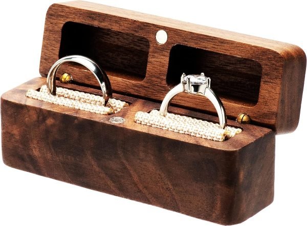 Decor Wooden Double Ring Box for Wedding Ceremony Engagement, Ring Storage Holder Decorative Box for 2 Rings