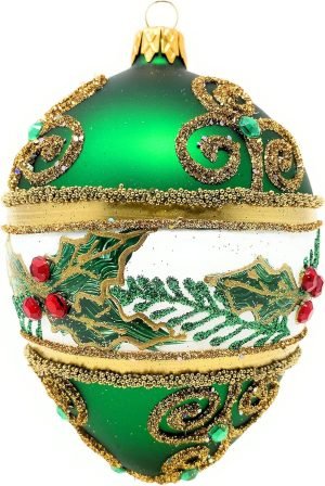 Decor Faberg?? Egg 5-Inch Blown Glass Christmas Tree Ornament Mistletoe Leaves (Green Matte)