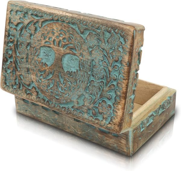 Decor Great Birthday Gifts Handmade Decorative Wooden Jewelry Box Tree Of Life Carving Jewelry Organizer Keepsake Box Treasure Chest Trinket Holder Watch Box Storage Lock Box Housewarming Gift (Blue)